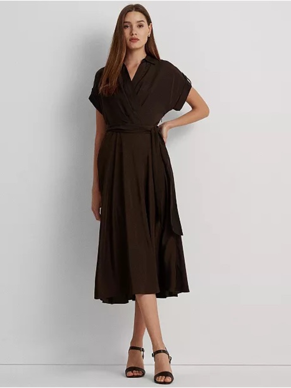 Lauren Ralph Lauren Women's Self-Belt Roll-Tab Sleeve Surplice Crepe Dress